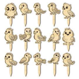 arricraft 15 Pcs Wood Plant Labels, 15 Styles Cartoon Bird Theme Garden Labels T-Type Plant Tag Wooden Markers for Indoor and Outdoor Herbs Flowers Vegetables Seed Potting 6.35x12cm