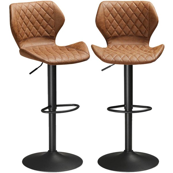 DICTAC Leather Bar Stools Set of 2 Brown Adjustable Bar Stools, Breakfast Bar Stools Counter Height Swivel Bar Chairs for Kitchens Island, 400lbs Capacity