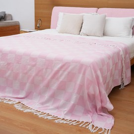 Breathable Bedspread Woven Blanket Cooling Queen Full Size Quilt Thin Comforter Boho Bed Bedroom Thing Girl Aesthetic Preppy Stuff Cute Accessories Girly Room Aesthetic College Student Dorm Pink