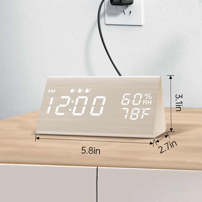 Digital Alarm Clock, with Wooden Electronic LED Time Display, 3