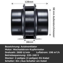 Moonjor 100 mm Axial Duct Fan, 119 m³/h Extractor Fan with On/Off Switch for Garage, Tool Room, Office, Grow Tent