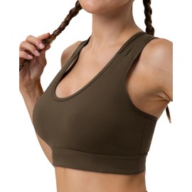 Luvrobes Women's High Support Sports Bra Crisscross Back Wide Straps Molded Cups for Running Yoga & Gym Workouts (Dark Brown,L)