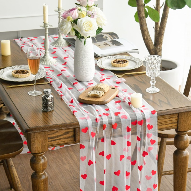 Artoid Mode White and Red Heart Gauze Table Runner 120