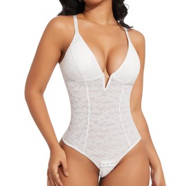 SHAPERIN Women’s Shapewear Lace Tummy Control Body Shaper Bodysuit Built-in Bra Deep V Neck Jumpsuit Tops White M