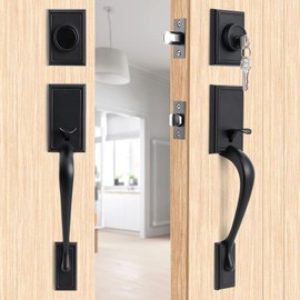 NeuType Double Door Lock Set Double Door Handle Set Front Door Handle Sets,Entrance Handle Set with Dummy,with Single Cylinder Deadbolt and Lever Handle, Matte Black