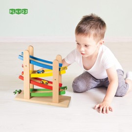 Play22 Wooden Car Ramps - 4 Level Race Track With 4 Toy Cars - My First Baby Toys - Toddler Car Set is A Great Gift for Boys and Girls