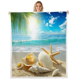 Erosebridal Manta temática de playa azul océano para camping, viajes, conchas marinas, estrellas de mar, manta de forro polar estampada tamaño playa manta de sherpa para niños, adolescentes y adultos, suave