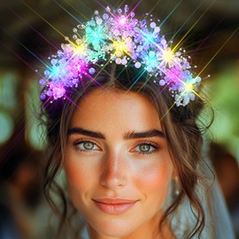 JEAIRTS Light Up Beaded Crown Headband Silver Glow Bridal Pearl Headpiece Flashing Costume Prom Hair Accessories for Women