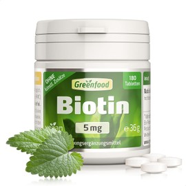 Greenfood Biotin High Dose – 5 mg Vitamin B7 for Skin, Hair & Nails – 180 Vegan Tablets, Additive-Free & Lab Tested