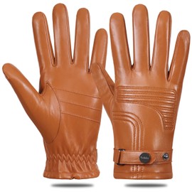 FIORETTO Mens Genuine Leather Gloves Touchscreen Warm Wool Lined Sheepskin Winter Gloves Cognac Small