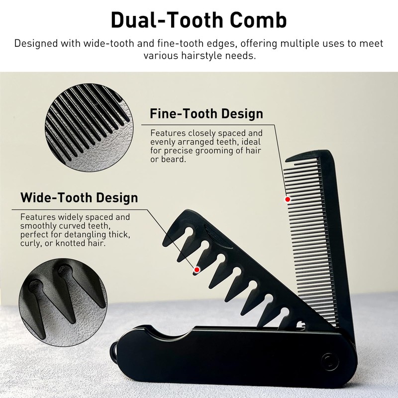 2-in-1 Men's Protable Folding Pocket Comb - Black, Fine &