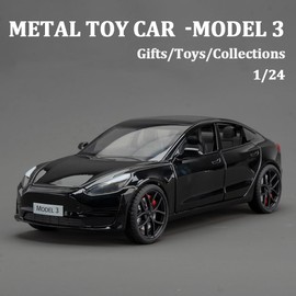 1/24 Scale Diecast Car Model 3, Alloy Diecast Toy Cars Pull Back Toys with Sound & Light, Vehicles Toys for Kids Gift Car Lovers Collection (1/24 Model 3 -Black)