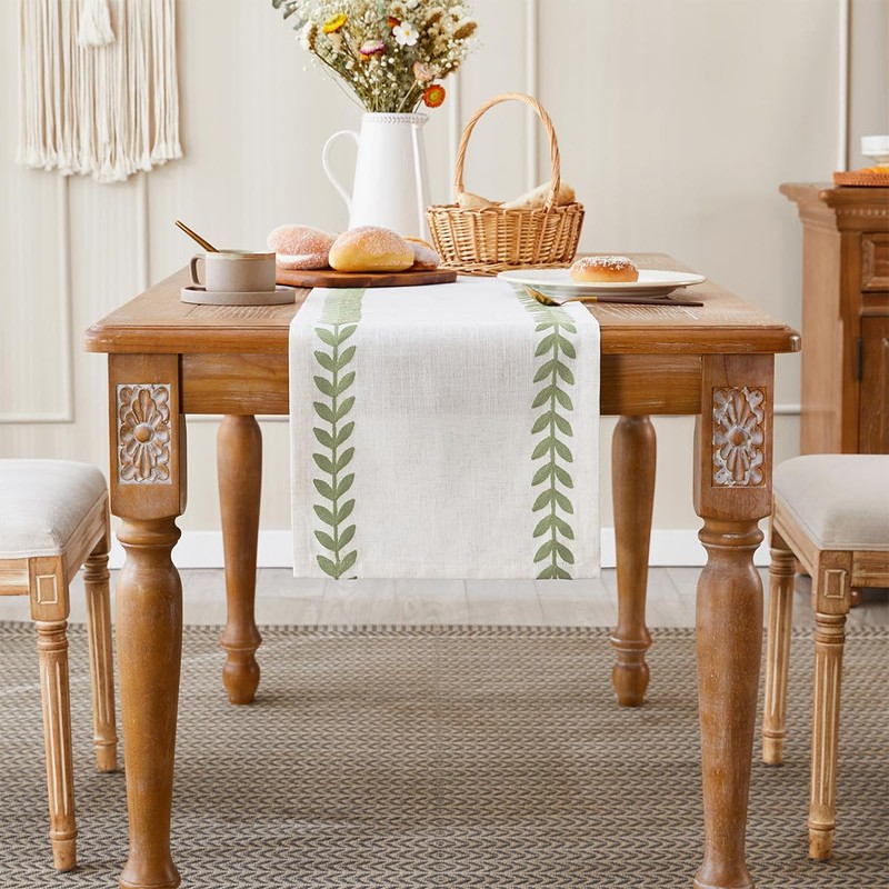 Wracra Linen Embroidered Table Runner, Irregular Willow Leaf Table Runners