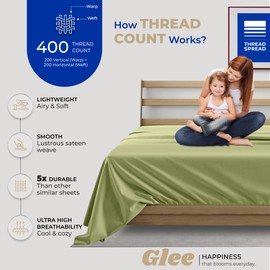 Thread SPREAD - Sábana encimera individual 100% algodón, sábana encimera individual de 400 hilos (1 pieza, verde salvia), sedosa, suave, transpirable, enfriante, tela de satén, sábanas de calidad de