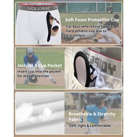 Youper Youth Boxer Brief w/Soft Athletic Cup, Boys Underwear with Baseball Cup (White, Small)