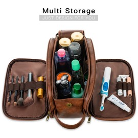 Elviros Toiletry Bag for Men, Large Travel Shaving Dopp Kit Water-Resistant Bathroom Toiletries Organizer PU Leather Cosmetic Bags(Dark Brown, Large)