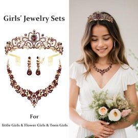BriLove Bridal Jewellery Set for Wedding Flower Maids, Crystal Teardrop Cluster Statement Necklace Clip-on Earrings Princess Tiara Crowns Headbands Comb for Birthday Party Peach Rose-Gold-Tone