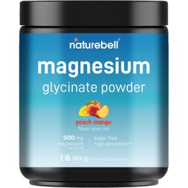 NatureBell Magnesium Glycinate Powder 500mg, 1lb (16oz) | 100% Chelated for High Absorption | Peach Mango Flavor | Supports Muscle, Bone & Heart Health | Sugar-Free, Bitterless, Non-GMO, Vegan