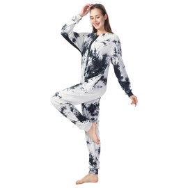 Lifeye Pajamas Womens Onesie Sleepwear Romper Bodysuit Tie Dye Long Sleeve Jumpsuit Homewear Nightwear with Pockets Black White L