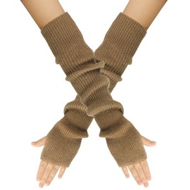 Golden Apple Women Girls Knit Cashmere Blend Gloves Long Arm Warmers Elbow Warmers Fingerless Mittens with Thumb Hole (Khaki)