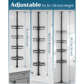 SEIRIONE Corner Shower Caddy Tension Pole, Rustproof Bathroom Shower Organizer Corner, 4-Tier Adjustable Bathroom Shelf, Solid Rack Ideal for Bathtub Storage, 34 to 116 Inch Height, Black
