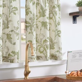 jinchan Linen Kitchen Curtains 36 Inch Vintage Gray Floral Tier Curtains Farmhouse Cottage Cafe Rod Pocket Country Small Window for Laundry Room Bathroom RV 2 Panels Green on Beige