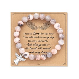 Memorial Sympathy Bereavement Angel Guardian Protection Healing Natural Stone Beaded Stretch Elastic Adjustable Bracelet Faith and Love Inspirational Bangle Jewelry-Pink