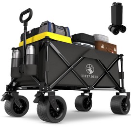 Littadeer Collapsible Wagon Cart with Silent All-Terrain Wheels, Foldable Heavy Duty Beach Wagon with 330LB,Folding Cart with Cup Holders and Brakes for Camping, Garden,Shopping,Sports Black