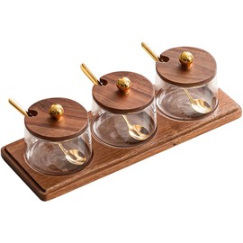 Condiment Containers Set with Acacia Wood Lids and Tray Seasoning Box Condiment Pots Jars with Spoons for Spice Salt Sugar Cruet (Gold Top, 3 Jars with Tray)