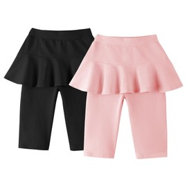 LOLANTA 2 Pack Girls Leggings Skirt Shorts, Kids Summer Athletic Capri Skorts, Knee-Length School Uniform Cotton Shorts, Black&Pink, 8-9 Years, 140
