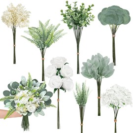 Artificial Greenery Stems Box Set, 110 Pcs with 8 Kinds of Fake Plants and Flowers Faux Eucalyptus Greenery Branches Wedding Bouquets for Bride DIY Floral Arrangement Table Centerpieces Home Decor