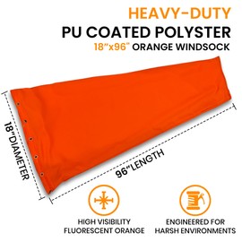 18"x96" Airport Windsock | FAA Compliant Heavy Duty, Waterproof, UV Fade Resistant, High Vis Fluorescent, Quad Stitched, Zip Ties Included, for Industrial, Ranch, and Agricultural Use | Orange