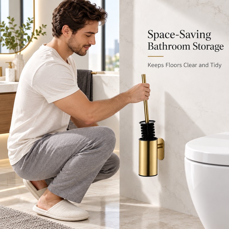 Gold Wall-Mounted Toilet Brush Set – No-Drill Stainless Steel Bathroom
