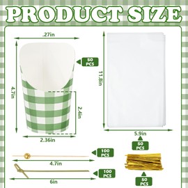 FYSUIMU 50Pcs Sage Green Charcuterie Cups with 200 Sticks 50 Bags & Ties 14oz Green Plaid Disposable Appetizer Cup French Fry Holder for Wedding Birthday Bridal Baby Shower