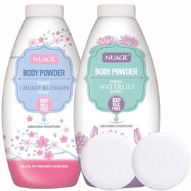 New Nuage Talc Free Body Powder, Cherry Blossom and Waterlily Scent, 250g, 2 Pack with 2X Upgraded Powder Puffs, Anti-Chafing, Absorbs Moisture for Men & Women | AJ Traders Bundle |