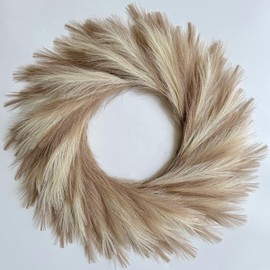 27'' Artificial Pampas Grass Wreath, UV Resistant Faux Pampas Wreath for Front Door, Porch, and Wall, Fluffy Boho Farmhouse Decor for All Seasons(Ivory&Taupe)
