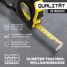 MIB Taschenrollbandmaß 10 m | Maßband mit magnetischem Endhaken & Gürtelclip | Rollmaßband mit Feststeller & Rücklauf | Robustes Bandmaß mit 2-seitiger Skala | 16 mm Bandbreite | Für Heim & Handwerk