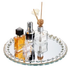 Hipiwe Mirror Glass Vanity Tray Sparkling Crystal Perfume Tray Round Decorative Tray Gorgeous Makeup Organizer Tray Jewelry Trinket Tray for Bathroom Dresser Table, 10.6 inch