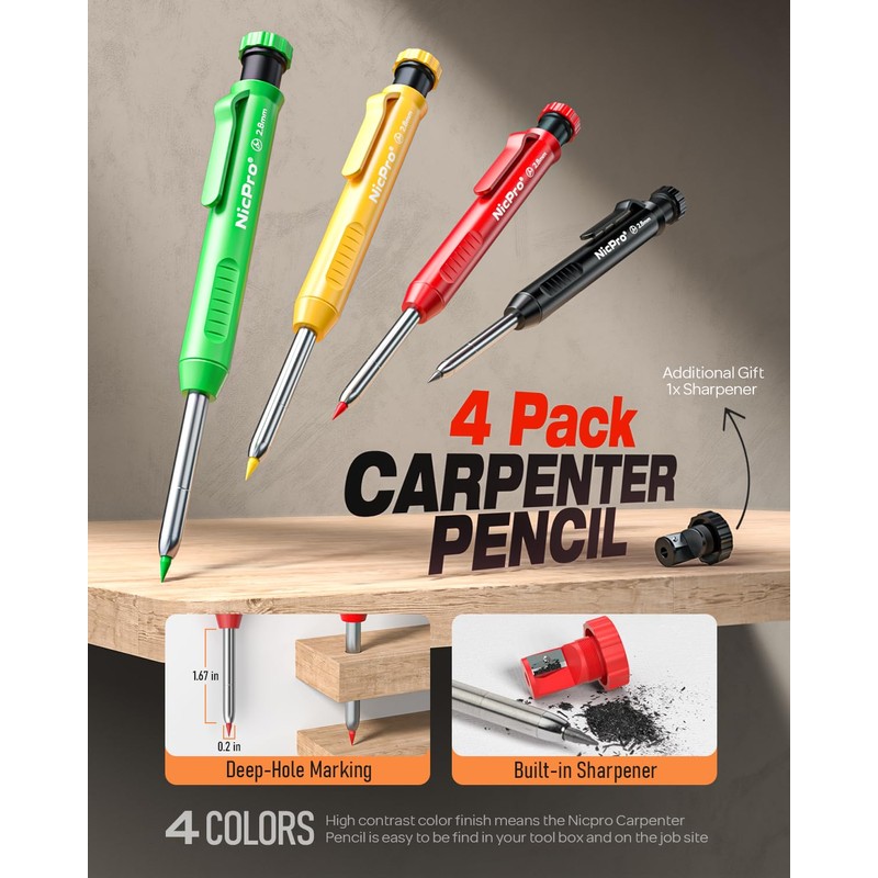 Nicpro 4 Pack Carpenter Pencil with Sharpener, Mechanical Carpenter Pencils