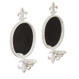 SOFE Metal Shabby Chic Wall Sconces Set of Two Candle Holder, Oval Mirrored Wall Candle Holder for Taper Candles, Iron White Candle Sconces for Living Room, Farm House Home Decor