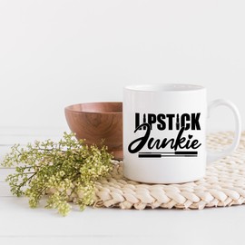 Lipstick Junkie with Lipsticks & Liquid Lipstick Applicators Design - Beauty Themed Merch for Makeup Artist or Cosmetologist, Gift for Makeup Lovers & Beauticians, White Mug 11oz