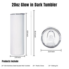 Icesip 25 Pack 20 Oz Glow In The Dark Sublimation Tumblers Stainless Steel Sublimation Tumbler Bulk Skinny Straight Bottom Cups with Lid and Straw, White To Blue