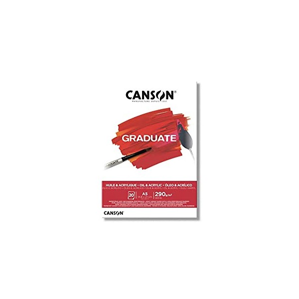 CANSON Graduate Oil and Acrylic 290gsm A5 Paper, Non-Woven, Pad Glued Short Side, 20 Natural White Sheets, Ideal for Student Artists