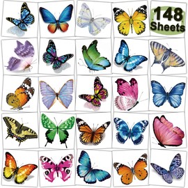 CHARLENT 148 Individual Sheets Temporary Butterfly Tattoos for Girls and Women - Realistic 3D Butterfly Tattoos for Kids Birthdays, Party Favors and Goodie Bag Fillers