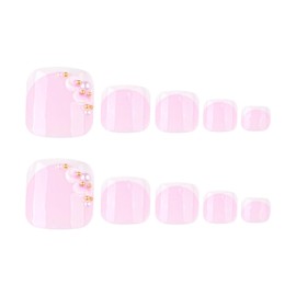 French Tip Press on Toenails White Flower Full Cover Fake Toenails Short Square Summer False Toenails Cute Toe Nails Press ons with Pink Flowers Embossed Design Glossy Toenails for Women Girls 24 Pcs