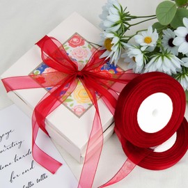 Gift Ribbons, 2 Rolls Ribbon Red Wide, Tulle Red Chiffon Ribbon, 20 mm x 45 m Gift Ribbon for Gift Packaging, Party Decorations