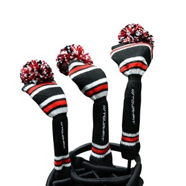 Golf Club Headcover | Tour Fit Double Layer Pom Pom Premium Knitted Golf Head Cover | Red/Black/White | Driver, Fairway, Rescue | Set of 3 or 4 (Set of 3 Covers)