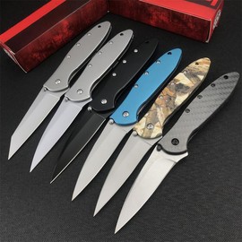 KS 1660 Ken Onion Leek Assisted Flipper Knife, 440C Bead Blast Plain Blade, Stainless Steel Handles, Frame Lock, 10 Styles:_black