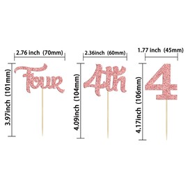 24 piezas de 4 adornos para cupcakes con purpurina para 4 cumpleaños para baby shower, cuarto cumpleaños, decoración de pasteles, suministros de oro rosa