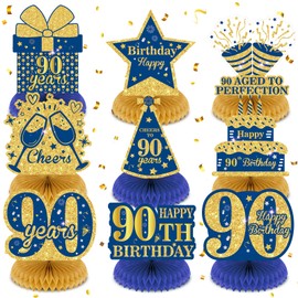 9Pcs Blue 90th Birthday Decorations Navy Blue Gold 90th Honeycomb Centerpieces for Table Decor, Happy 90th Birthday Decorations for Men Women Anniversary Party Favors Supplies Event Cheer to 90 Years